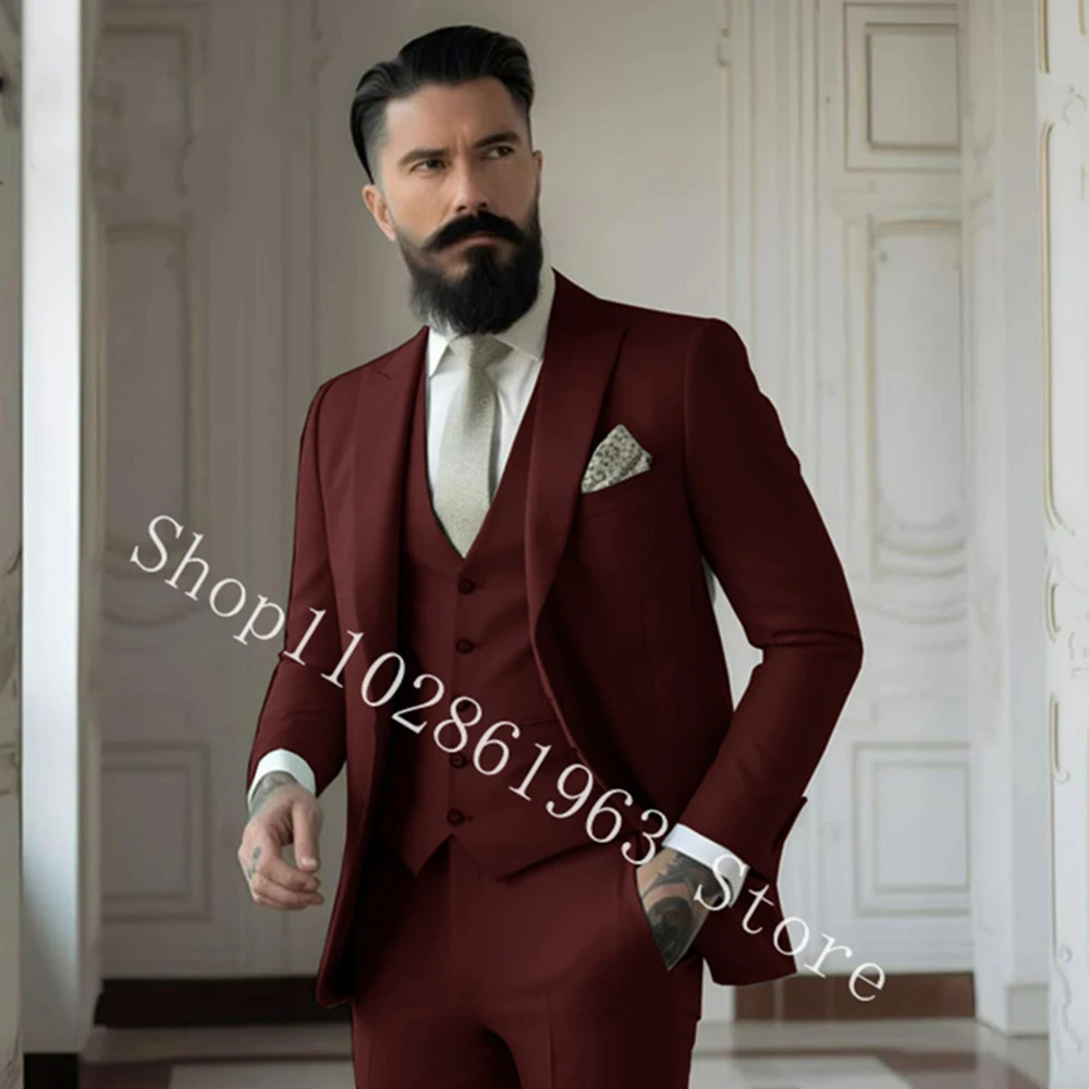 Top Trends: Burgundy 3 Pieces Male Suit Slim Fit Best Men Groomsmen Bridegroom Formal Wedding Tuxedo Blazer+ Vest+ Pants Costume Homme Mariage Shoppable Styles