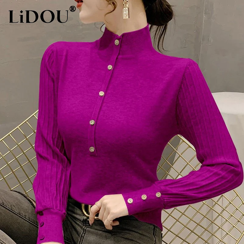 Top Trends: 2023 Autumn Winter New Solid Color Fashion Half High Collar Sweater Women Casual Slim Elegant Button Vintage All-match Pullovers Shoppable Styles