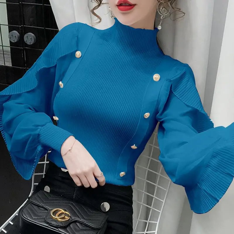 Top Trends: Oversize Versatile Commuter Women&#039;s Clothing Autumn And Winter New Buttons Half High Collar Long Sleeve Solid Color Pullover Shoppable Styles