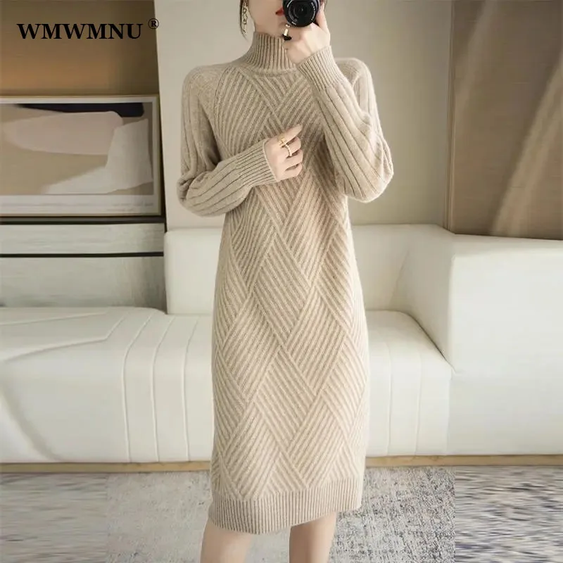 Top Trends: Autumn Winter Warm Knitted Turtleneck Sweater Dress Straight Women Elegant Midi Dresses Korean Long Sleeve Bottoming Vestidos Shoppable Styles