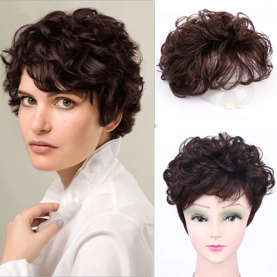 Top Trends: LANLAN Short Curly Synthetic Black / Brown Topper Hair Extension Bangs Clip In Extension Invisible Traceless Hair Extension Shoppable Styles