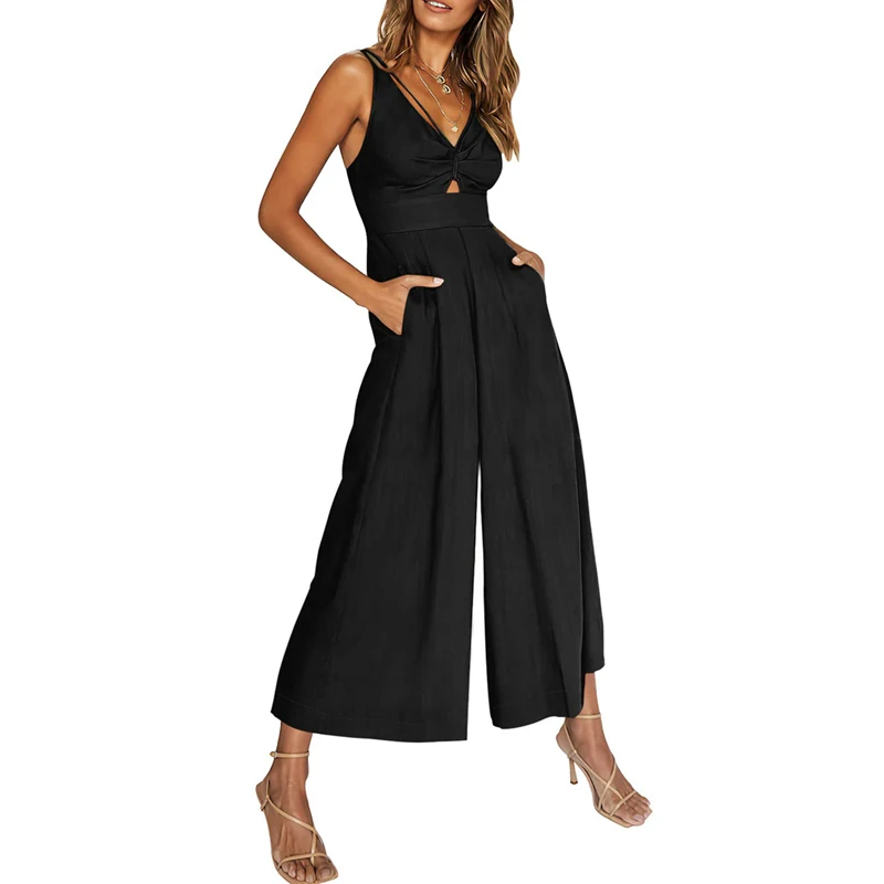 Top Trends: Women Sexy Backless V Neck Hollow Sleeveless Elegant Wide Leg Jumpsuit 2023 Summer Fashion Solid Slim Pockets High Waist Rompers Shoppable Styles - Image 2