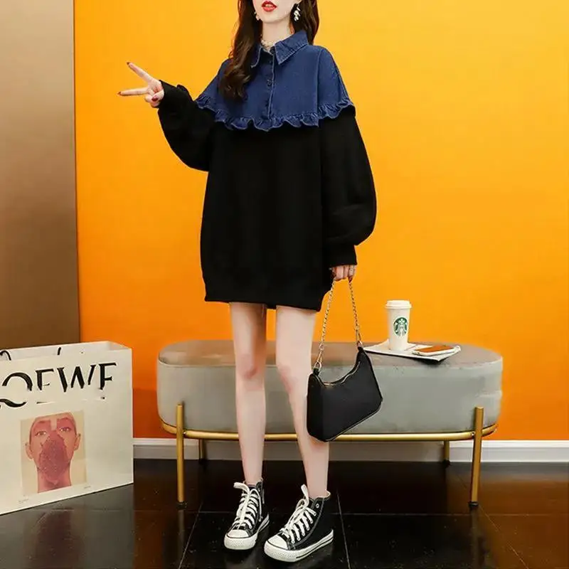 Top Trends: 2023 New Spring And Autumn Thin Korean Version Loose Fitting Long Sleeved Design, Niche Denim Patchwork Polo Neck Sweater Shoppable Styles