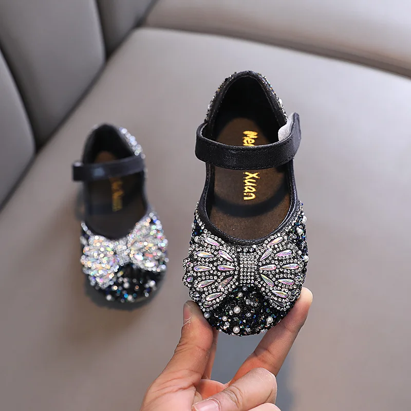 Top Trends: Little Girls Leather Shoes Children&#039;s Rhinestone Bowtie Princess Dress Shoes Kids Casual Flats Party Show Shoes Size 21-36 Shoppable Styles