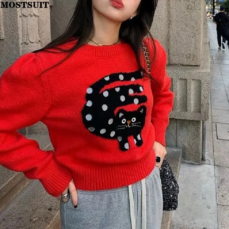 Top Trends: Red Cat Knitted Sweater Tops Women Puff Sleeve O-neck Pullovers 2023 Autumn Winter Stylish Fashion Chic Ladies Knitwear Jumpers Shoppable Styles