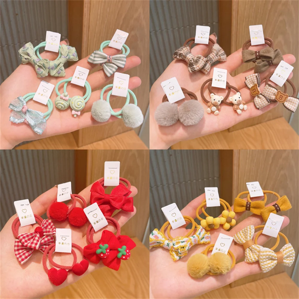 Top Trends: 10pcs Cute Bowknot Heart Fur Ball Elastic Hair Bands Candy Color Girls Hair Rope Ponytail Holder Cartoon Accessories Headdress Shoppable Styles