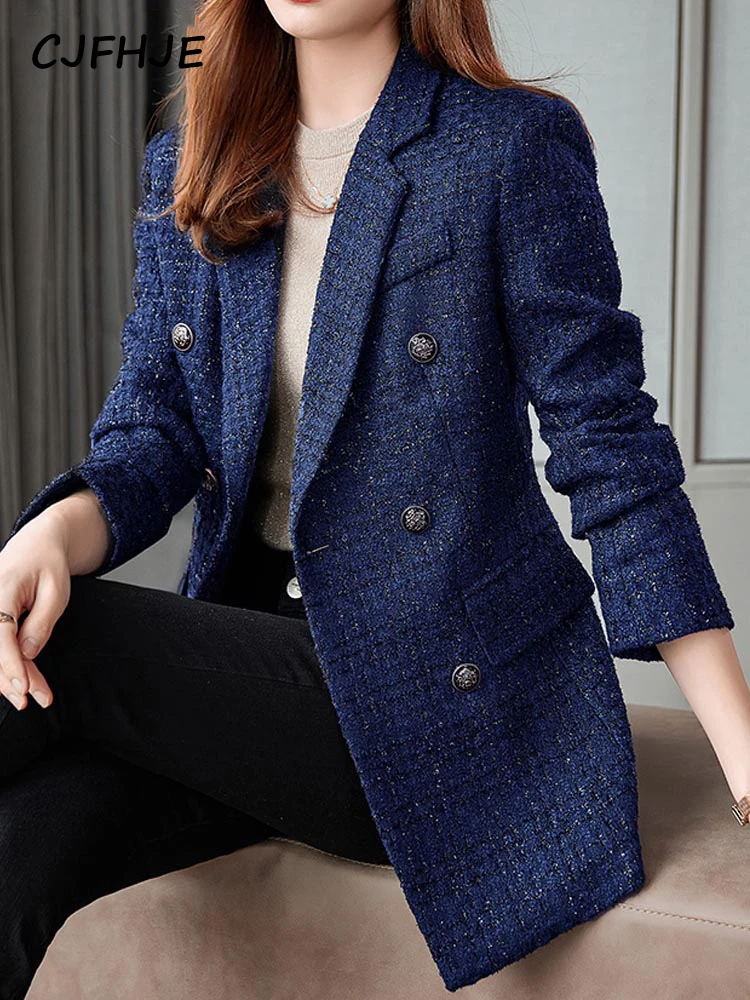 Top Trends: CJFHJE Navy Blue Winter Tweed Blazers Coat Women Thick Warm Long Sleeve Button Elegant Lady Jacket Coat Double-Breasted Overcoat Shoppable Styles