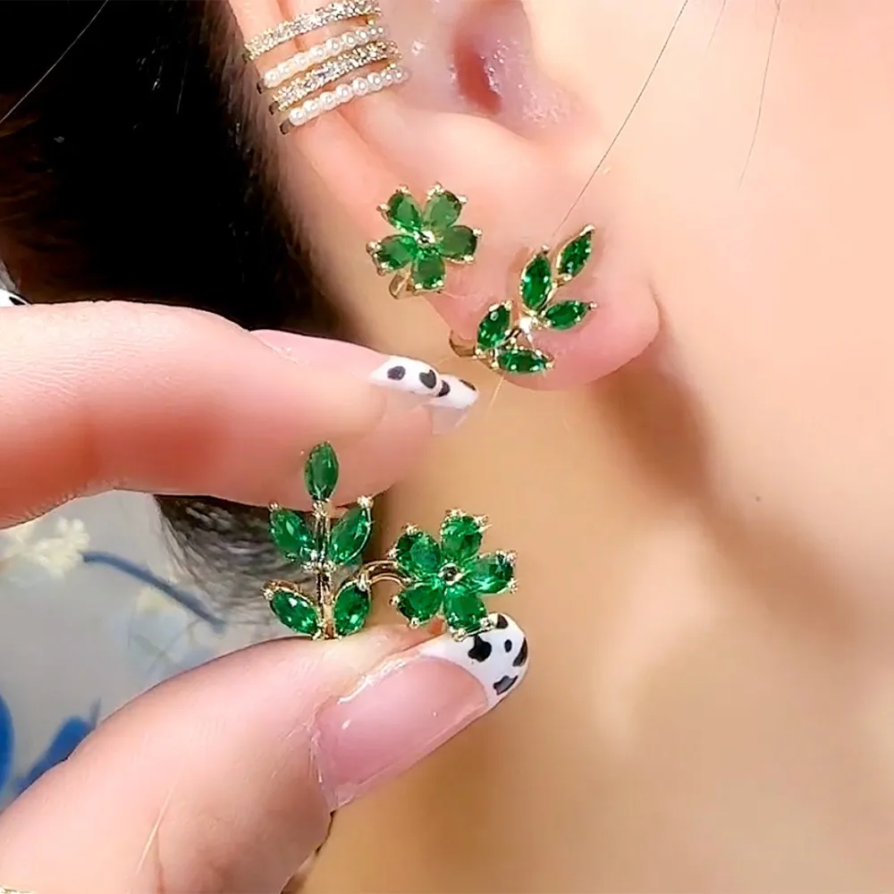 Top Trends: 925 Silver Needle Green Flower Earrings For Women Korean Fashion Jewelry 2023 Trending Luxury Zircon Leaf Women's Stud Earrings Shoppable Styles