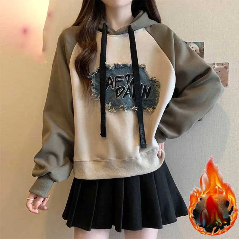 Top Trends: Fashion Spliced Printed Casual Hoodies Sweatshirts Female Clothing 2023 Winter Loose Korean Tops All-match Warm Sweatshirts Shoppable Styles