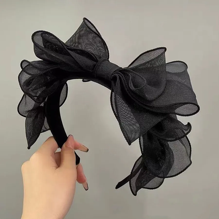 Top Trends: Fashion Korea Retro Black Mesh Big Bow Headband Hair Accessories Women Originality Ruffled Edge Stylist Accessories Hair Hoop Shoppable Styles