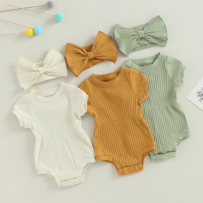 Top Trends: Newborn Baby Girl Clothes Solid Color Ribbed Knit Short Sleeve Romper Bodysuit Jumpsuit With Headband Summer Outfit Shoppable Styles