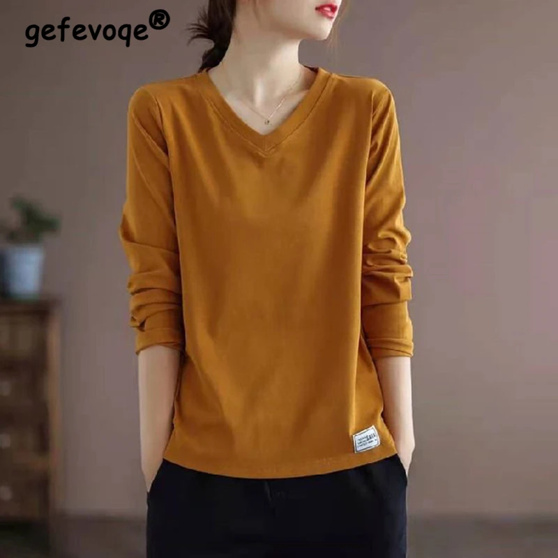 Top Trends: Autumn New Solid Loose Casual Long Sleeve T-shirts Vintage Tops Women V Neck Aesthetic Chic Pullovers All Match Female Clothes Shoppable Styles