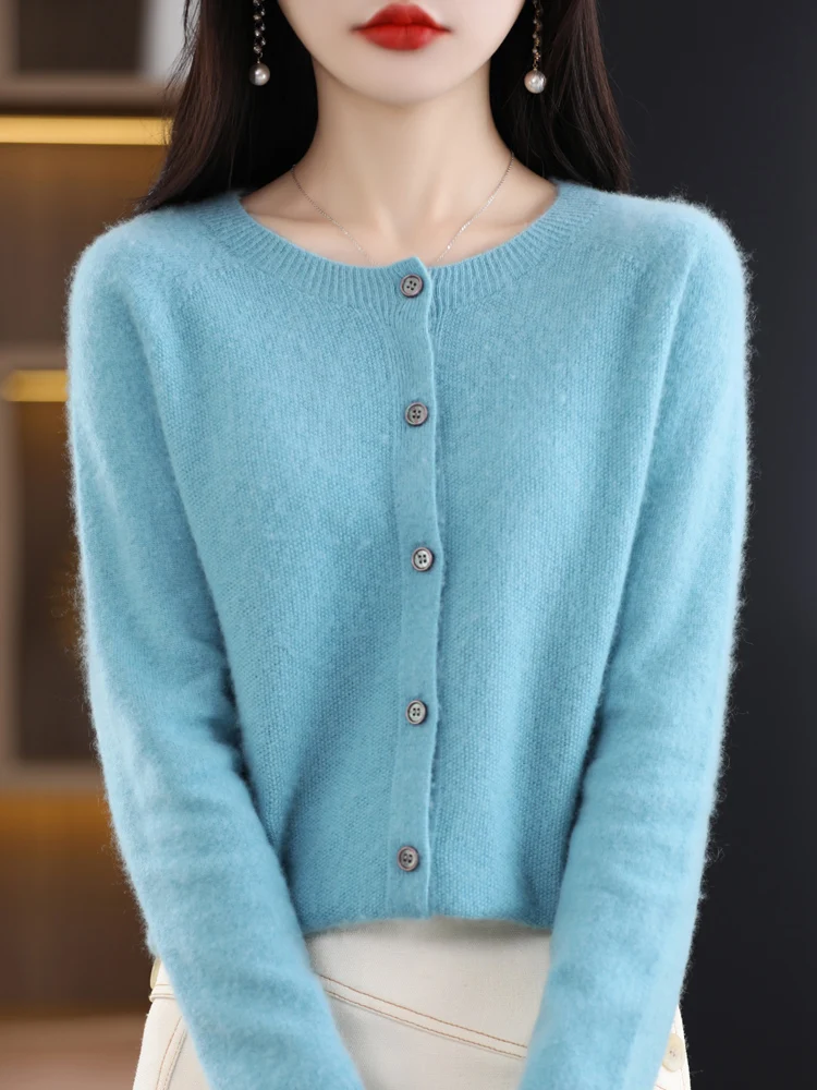 Top Trends: New Fashion Spring 100% Pure Merino Wool Womens O-neck Cardigan Cashmere Sweater 2024 Female Clothing Grace Knitwear Korean Tops Shoppable Styles