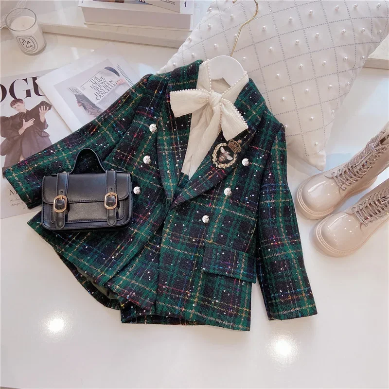 Top Trends: Girls 2pcs Set Korean Fashion Clothes For Girls Spring Autumn Plaid Blazer Coat Outwear+ Shorts Outfits Children Clothing Suits Shoppable Styles