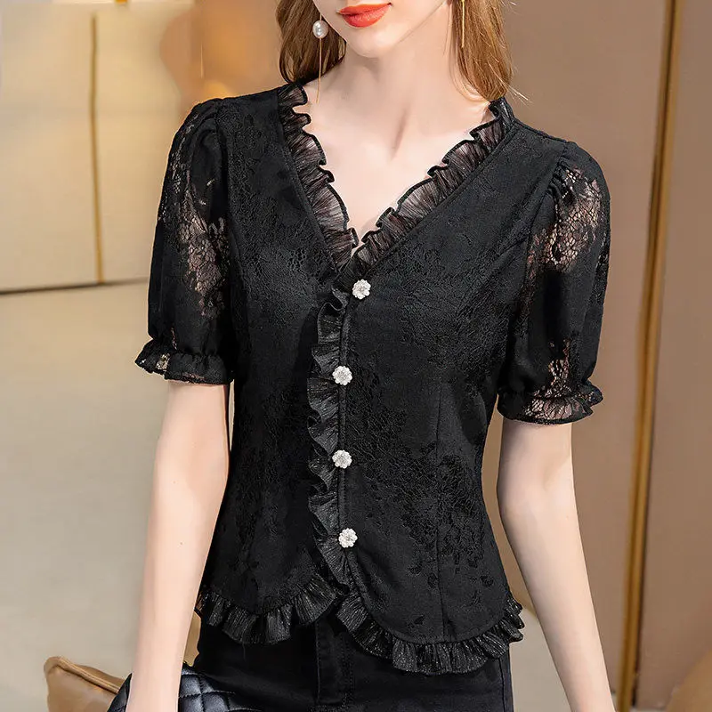 Top Trends: Summer Women Clothing Short Sleeve Top Ladies Lace Chiffon Shirts Female Elegant Ruffles Embroidery Blouse Shoppable Styles