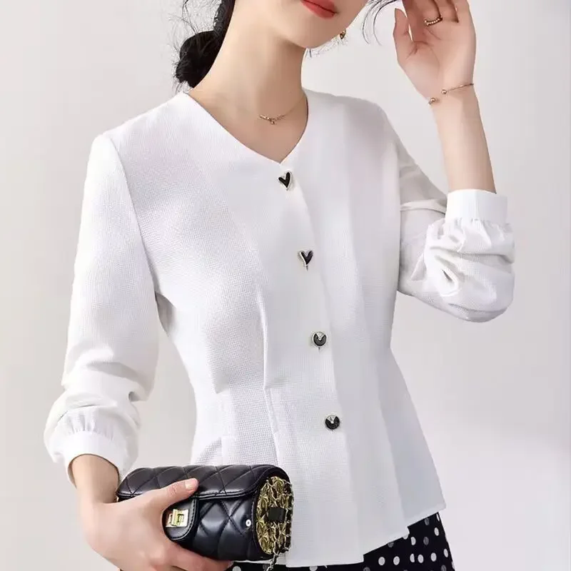 Top Trends: 2023 New Women&#039;s Clothing Solid Color V-Neck Long Sleeve Office Lady Commuter Spring Autumn Casual Elegant Button Shirt Shoppable Styles