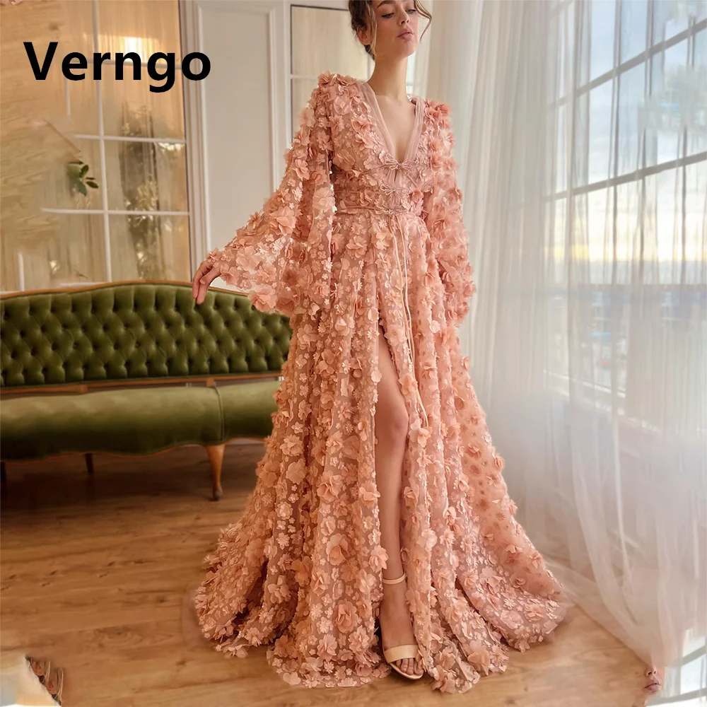 Top Trends: Verngo Blush Pink Evening Dress For Women V Neck Full Sleeves Prom Gowns A Line Princess Party Dress Flowers Formal Dress Outfit Shoppable Styles