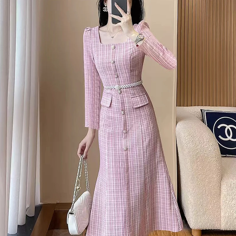 Top Trends: Early Autumn Luxury Long Sleeve Square Collar A-line Elegant Midi Dress High Street Fashion Commuting Office Ladies Long Dress Shoppable Styles