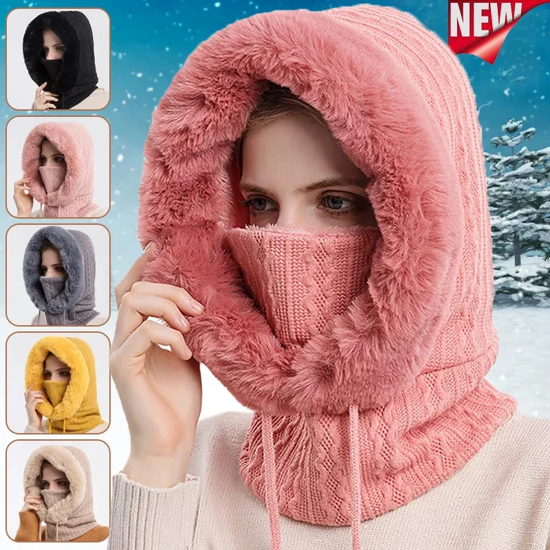 Top Trends: Winter Fur Cap Mask Set Hooded For Women Knitted Thick Plush Fluffy Beanies Cashmere Neck Warm Russia Outdoor Ski Windproof Hat Shoppable Styles - Image 2