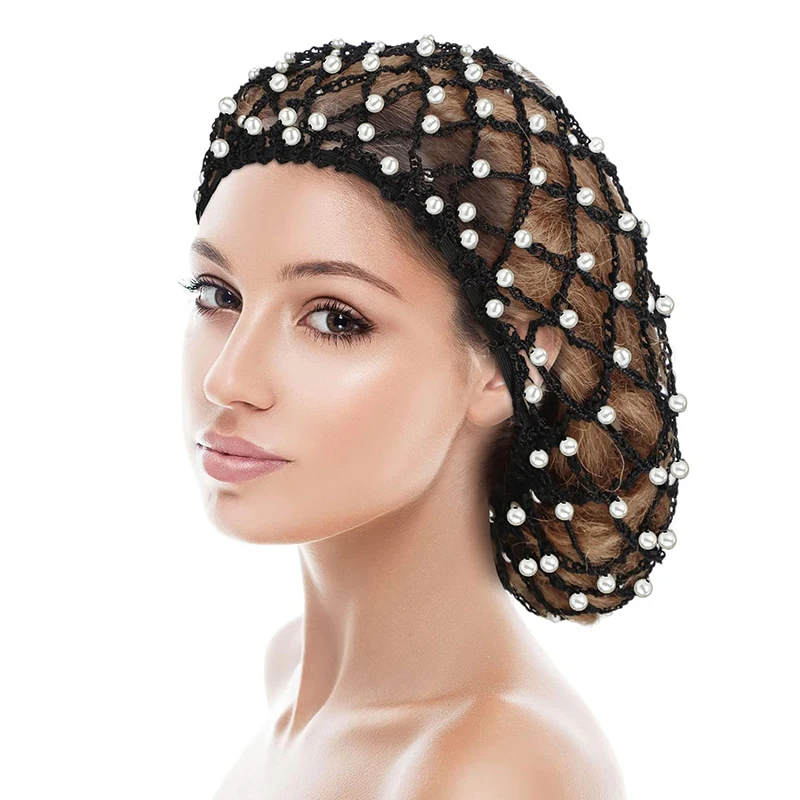 Top Trends: Women's Hair Net Rayon Mesh Snood Headwrap Pearl Beaded Crochet Cap Oversize Soft Fashion Design Ladies Elastic Hat Hairwear Shoppable Styles