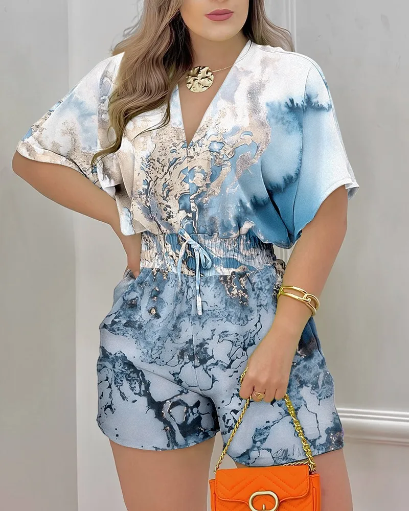 Top Trends: Jumpsuit Women 2023 Summer Fashion Ink Print Casual V-Neck Short Sleeve Loose Waist Drawstring Pleated Jumpsuit Streetwear Shoppable Styles