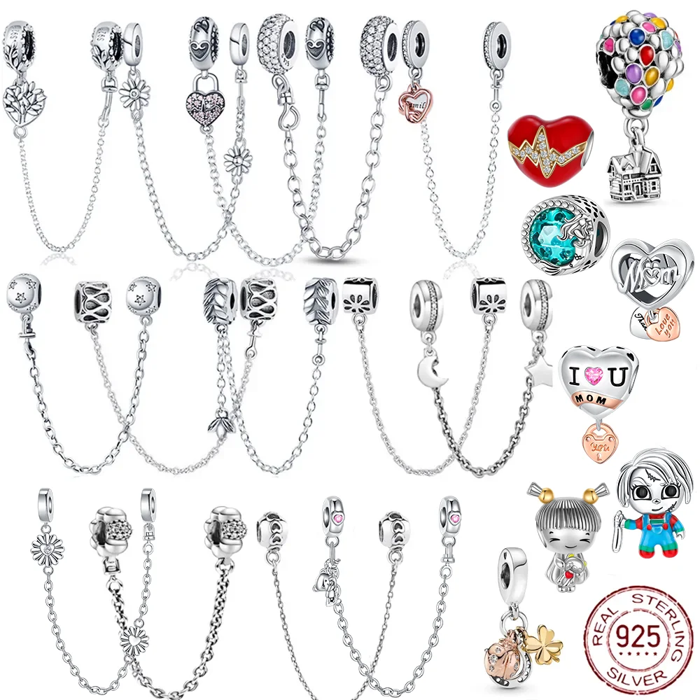 Top Trends: 925 Sterling Silver Safety Chain Balloon Classic Series Charms Beads For Original Pandora Bracelets Charm Bead DIY Women Jewelry Shoppable Styles