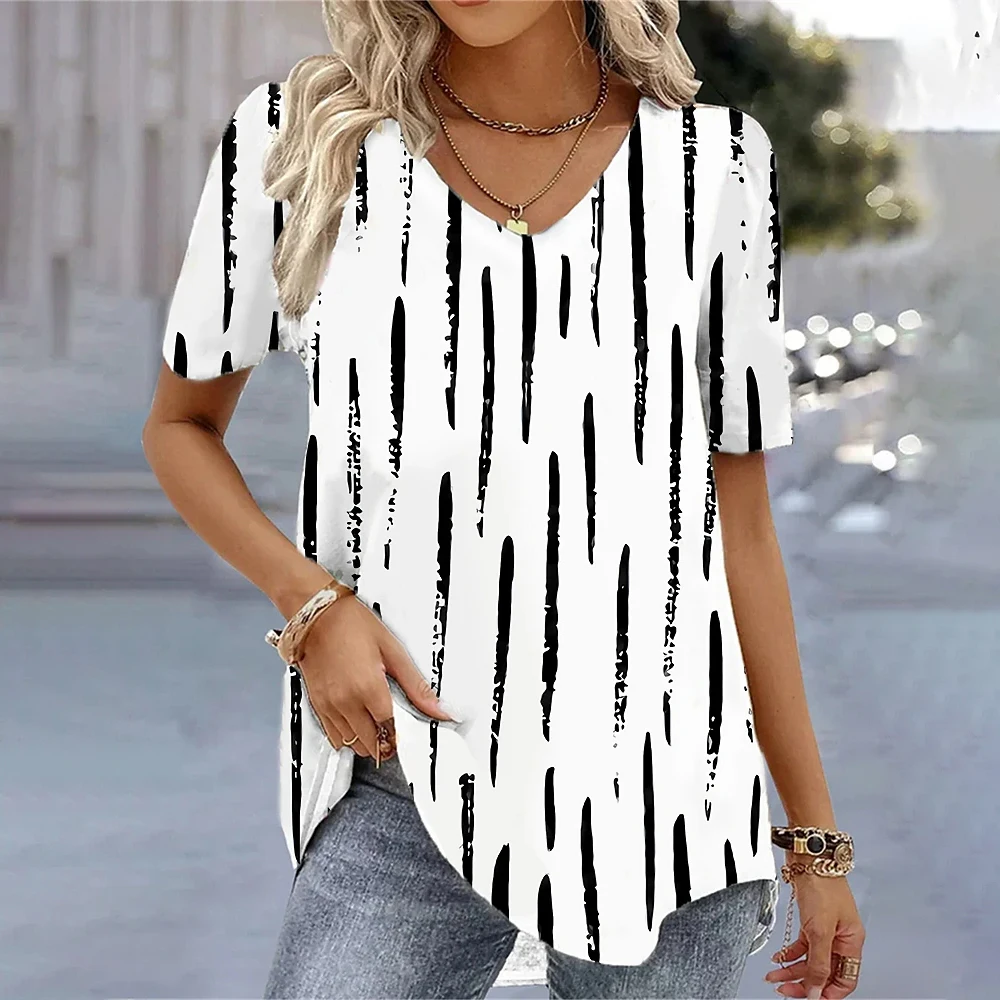 Top Trends: New Women's T-Shirt Summer V-Neck Tee Loose Casual Top Stripes Funny Printed Female Clothing Streetwear Pullover T Shirts Women Shoppable Styles