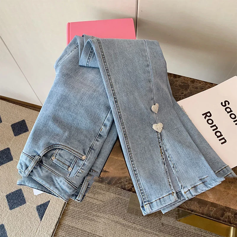 Top Trends: 2023 Spring New Women Jeans High Waist Straight Split Soft Denim Pants Fashion Heart Appliques Long Trousers Shoppable Styles