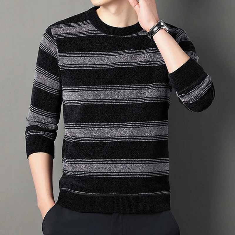 Top Trends: Fashionable Striped Plus Fleece Sweaters Autumn Winter Male Clothes Classic Comfortable Round Neck Long Sleeve Knitted Pullovers Shoppable Styles - Image 6