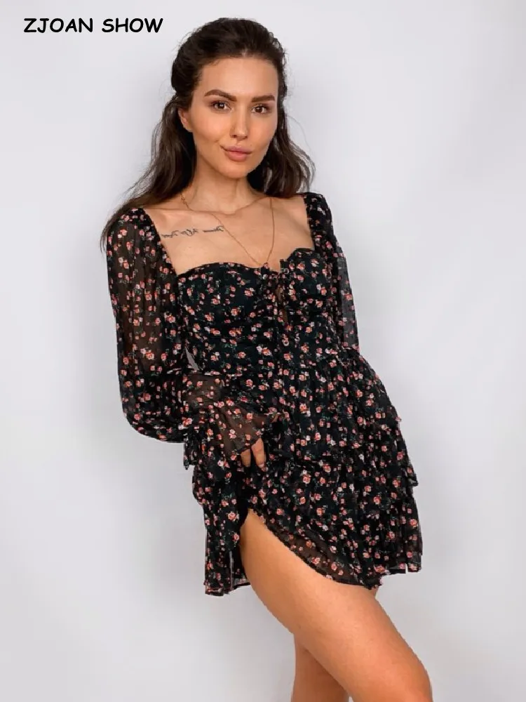 Top Trends: 2022 Women Sexy Cross Bandage Black Flower Print Puff Long Sleeve Dress 3 Layer Wood Ears Ruffles Hem Cake Mini Holiday Robe Shoppable Styles