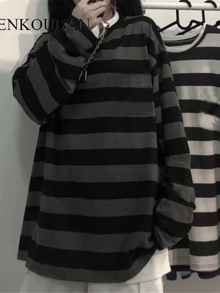 Top Trends: Oversized Striped T Shirt Women Gothic Tops For Women Loose Pullover Spring Long Sleeve Harajuku Couple Tee Streetwear 2023 Shoppable Styles