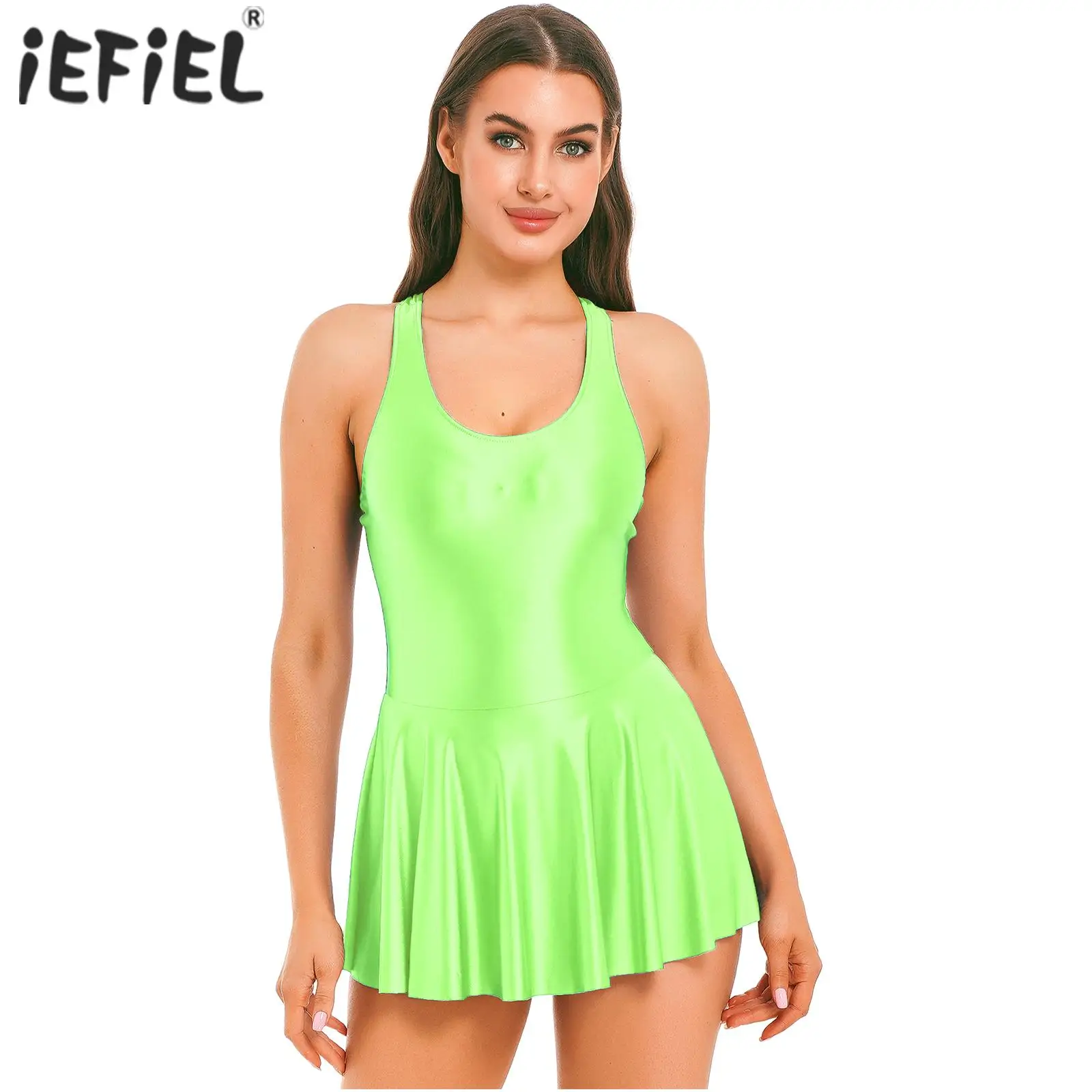 Top Trends: Womens Female U Neck Leotard Mini Dresses Glossy Tank Dress One-Piece Swimsuit Swimwear Sleeveless Nightclub Vestido Costume Shoppable Styles