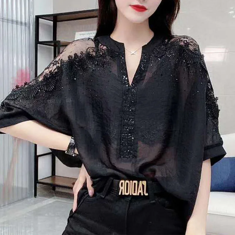 Top Trends: Fashion Classic All-match Diamonds Hollow Out Single Breasted Blouses Chic Loose Bat Shirt Korean Top Women's Clothing 2023 Shoppable Styles