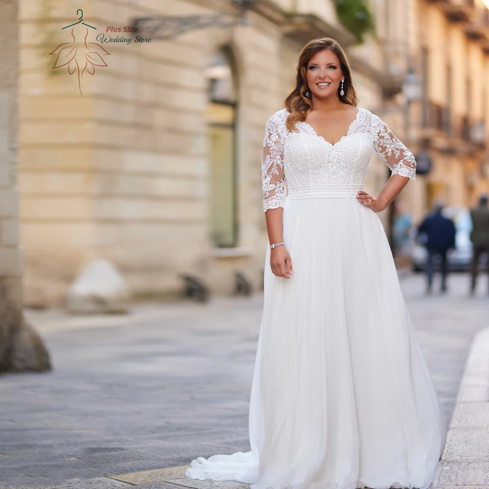 Top Trends: Classic Ivory Wedding Dresses Plus Size V Neck 3 / 4 Sleeves Bride Gowns Lace Appliques Sweep Train A-Line Tulle Vestido De Noiva Shoppable Styles