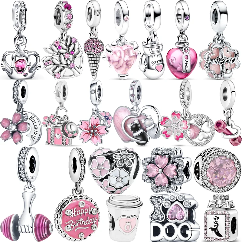 Top Trends: 925 Solid Silver Pink Series Heart Flower Tree Friend Happy Birthday Love Beads Fit Original Pandora Charms Bracelet DIY Jewelry Shoppable Styles