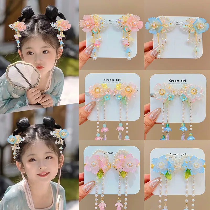 Top Trends: 2PCS Beautiful Chinese Style Children Girl Hairpin Headdress Tassel Ribbon Baby Flowers Pearl Hair Clips HeadWear Shoppable Styles