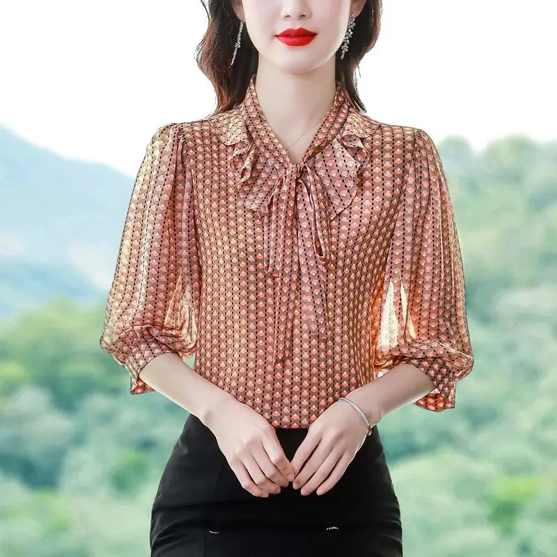 Top Trends: 2023 Spring Summer Casual 3 / 4 Sleeve Shirt Fashion Ruffles Spliced Women&#039;s Clothing Commute V-Neck Elegant Drawstring Bow Blouse Shoppable Styles