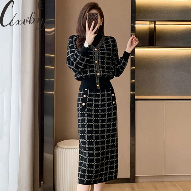 Top Trends: Autumn Winter Skirt Knitted Two Peice Set Women V-Neck Sweater + High Waist Button Skirt Vintage Outfits Office Lady Korean Suits Shoppable Styles