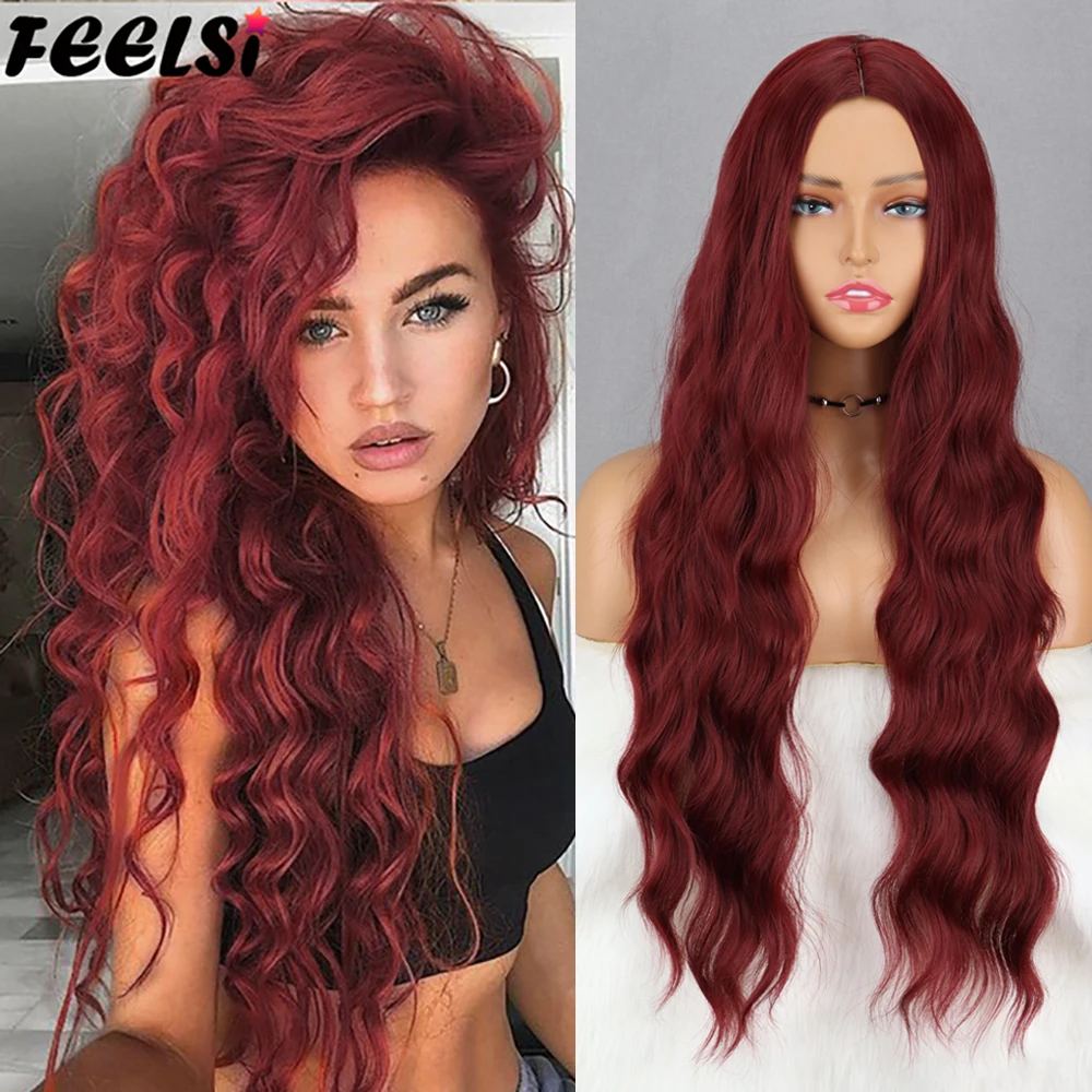 Top Trends: Red Long Water Wave Wig Golden Black Pink Pure Wigs Cosplay Wigs For Women Synthetic Hair Heat Resistant Temperature Fiber Shoppable Styles