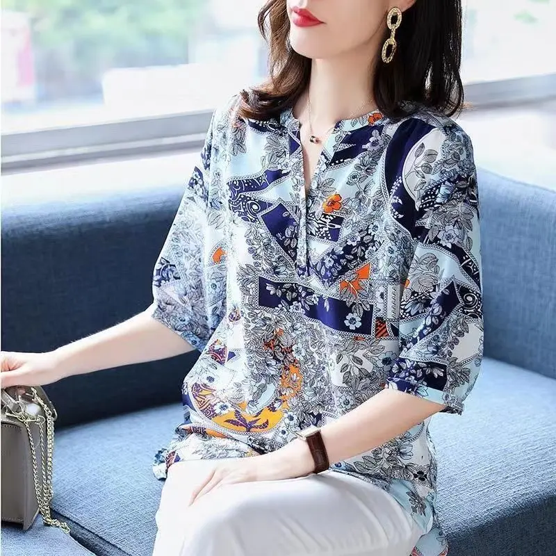 Top Trends: Elegant V-Neck Button Blouse Fashion Spliced Women&#039;s Clothing Vintage Printed Summer Thin Half Sleeve Korean Casual Loose Shirt Shoppable Styles