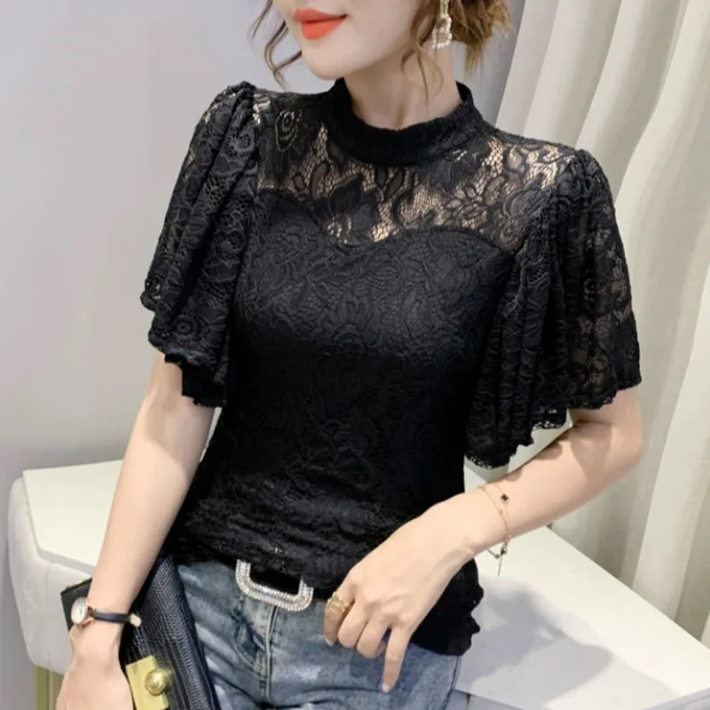 Top Trends: #7237 Black White Pink Lace T Shirt Women Stand Collar Perspective Women&#039;s T-shirt Flare Sleeve Women&#039;s Tee Shirt Sexy Summer Shoppable Styles