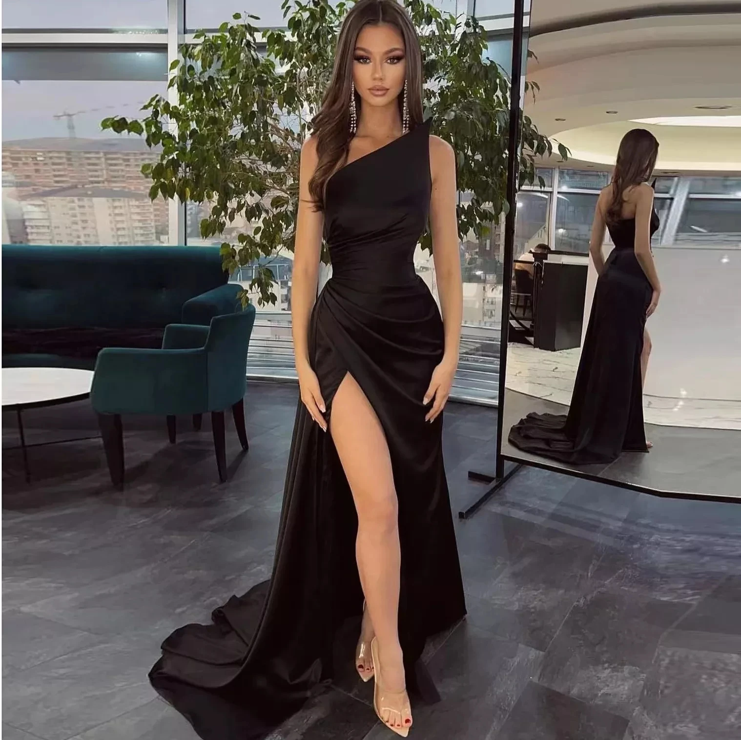 Top Trends: Sexy Black Satin Prom Dresses Mermaid One Shoulder High Slit Formal Evening Gowns Party Plus Size 2023 Robes De Soirée Shoppable Styles