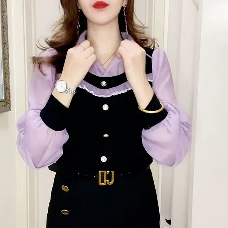 Top Trends: Fashion Office Lady Button Spliced Fake Two Pieces Shirt Casual All-match Long Sleeve Turn-down Collar Blouse Women's Clothing Shoppable Styles