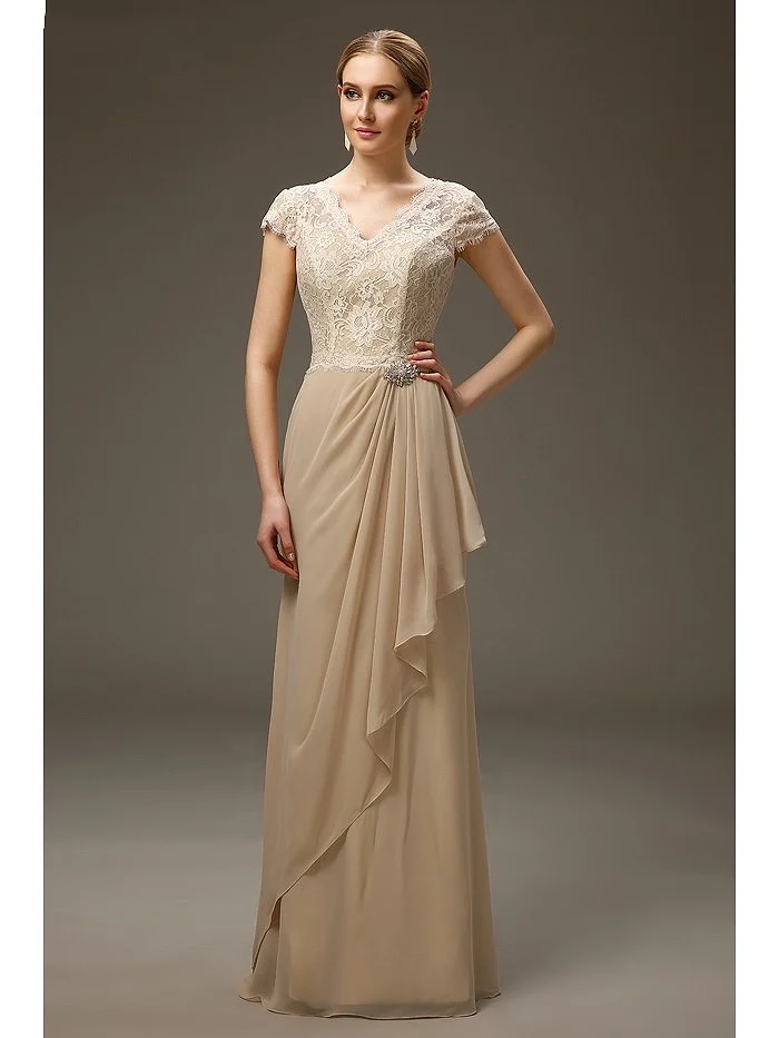 Top Trends: Champagne Mother Of The Bride Dresses V-Neck Cap Sleeves A-line Chiffon Lace Long Elegant Groom Mother Evening Gowns For Wedding Shoppable Styles