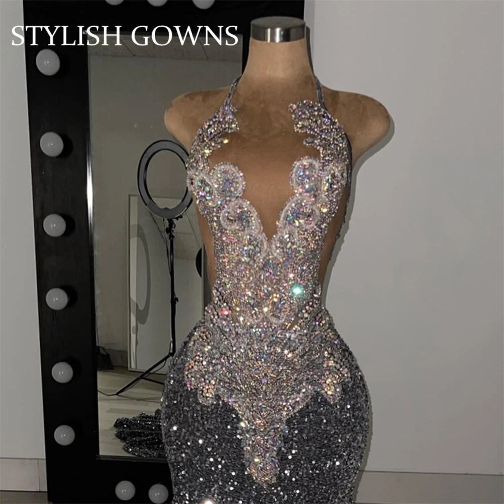 Top Trends: Silver Halter Long Prom Dress For Black Girls 2024 Beaded Crystal Birthday Party Dresses Sparkly Sequined Evening Gowns Shoppable Styles