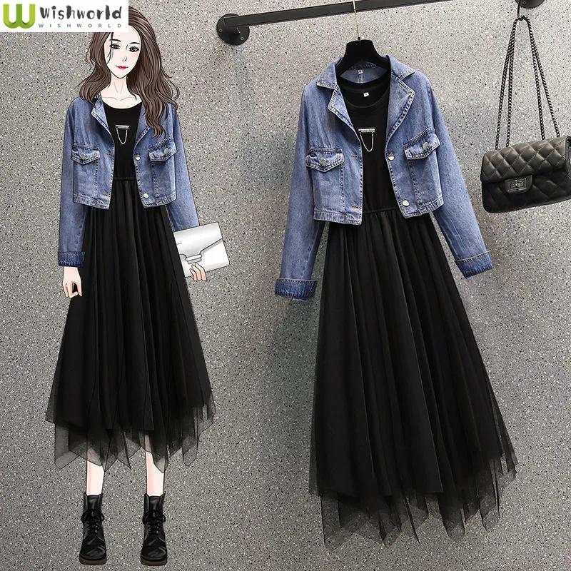 Top Trends: Large Size Spring And Autumn Women&#039;s Suit 2023 New Style Waist Tight, Slim, Aging, Western Style Denim Coat Dress Two-piece Set Shoppable Styles