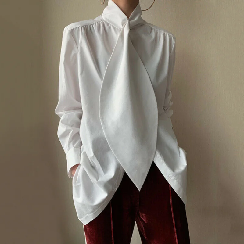 Top Trends: Freeacy Stylish Black White Solid Color Long Sleeves High Neck Blouses Loose Fit Office Shirt Tops For Urban Women 2023 New Shoppable Styles