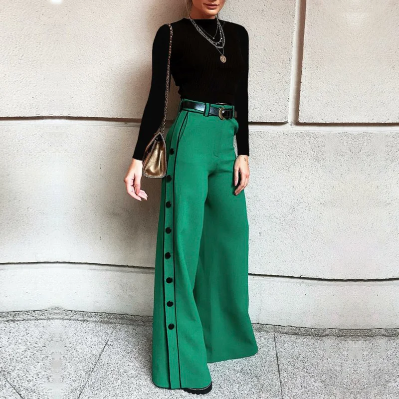 Top Trends: Lemongor 2023 Spring Autumn Female Stylish Wide Leg H-Line Solid Color Pants Fashion Green Button High Waist Trousers For Women Shoppable Styles