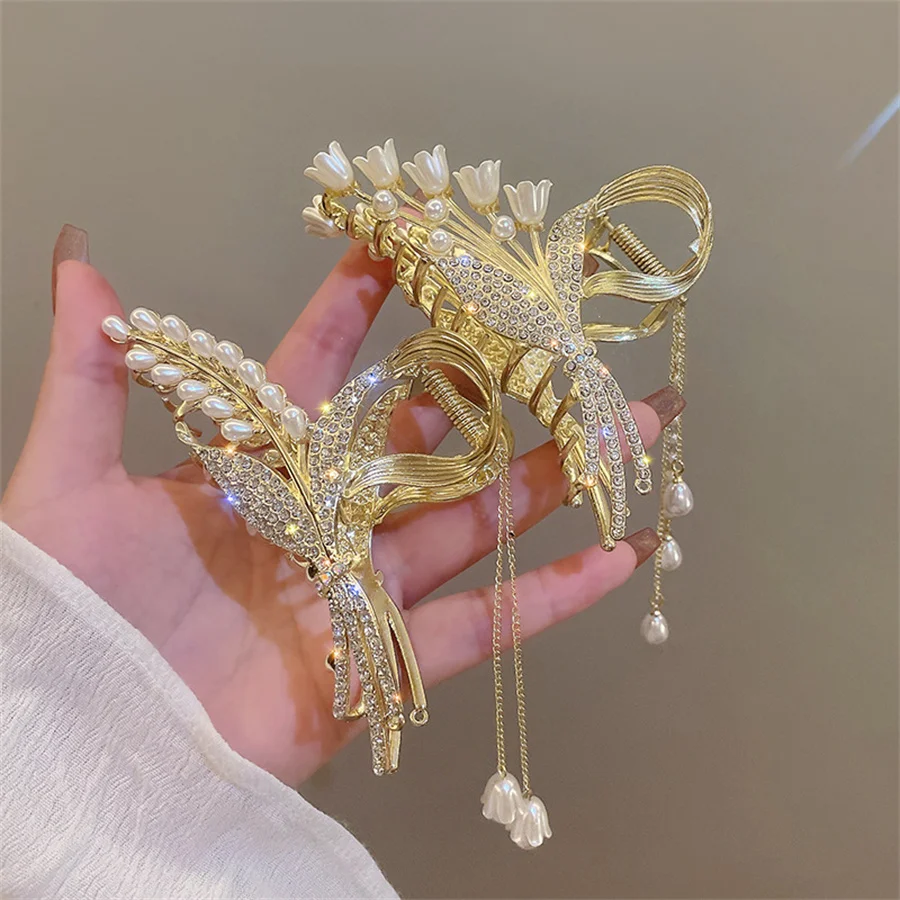 Top Trends: New Fashion Pearl Crystal Flower Metal Hair Claw Clips Simple Non Slip Gold Retro Barrettes Hair Jaws For Women Girls Daily Gift Shoppable Styles