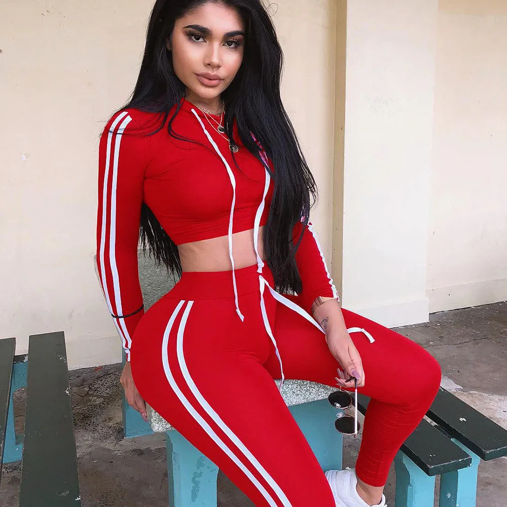 Top Trends: Fitness Casual 2 Piece Set Tracksuit Women Side Striped Hoodies Cropped Tops And Pants Jogger Two Piece Outfits Chandal Mujer Shoppable Styles